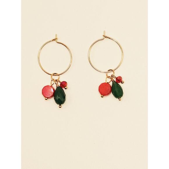 Handmade Green Onyx Chalcedony Hoop Earrings Red Crystal Dainty Christmas Colors - Picture 6 of 7
